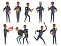 Police characters. Patrol policeman security authority mascots in action poses vector cartoon illustrations