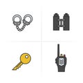 Police color icons set. Key, radio, handcuff, binoculars symbol. Logo concepts. Royalty Free Stock Photo