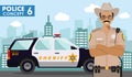 Police concept. Detailed illustration of policeman, sheriff on background with police car and cityscape in flat style. Vector Royalty Free Stock Photo