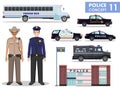 Police concept. Detailed illustration of police station, policeman, sheriff, prison bus, armored S.W.A.T. truck and car in flat st