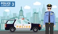 Police concept. Detailed illustration of policeman on background with police car and cityscape in flat style. Vector Royalty Free Stock Photo