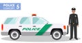 Police concept. Detailed illustration of policeman and car in flat style on white background. Vector illustration. Royalty Free Stock Photo