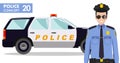 Police concept. Detailed illustration of policeman and car in flat style on white background. Vector illustration. Royalty Free Stock Photo
