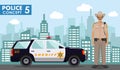 Police concept. Detailed illustration of policeman, sheriff on background with police car and cityscape in flat style. Vector Royalty Free Stock Photo