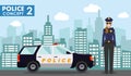 Police concept. Detailed illustration of policewoman on background with police car and cityscape in flat style. Vector illustratio Royalty Free Stock Photo