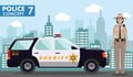 Police concept. Detailed illustration of policewoman, sheriff on background with police car and cityscape in flat style. Vector