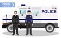 Police concept. Detailed illustration of SWAT officer, policeman and armored car in flat style on white background