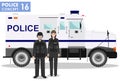 Police concept. Detailed illustration of SWAT officer, policeman, policewoman and armored car in flat style on white Royalty Free Stock Photo