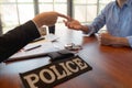 The police conducted an investigation. Inquiring about the violation of state laws Arrest the culprit offender Handcuffing Royalty Free Stock Photo