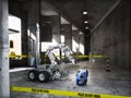 Police controlled bomb squad robot inspecting a suspicious backpack item inside a building interior Royalty Free Stock Photo