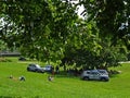 Police controlling group of people for not obeying social distance restrictions in Bolzano, Italy in May, 22, 2020.