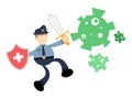 police officer protection fight against corona virus pathogen cartoon doodle flat design vector illustration