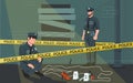 Police crime scene. Criminal murder investigation of detective officers, victim corpse traced with chalk, policemen with