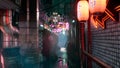 A police cyber drone flies through a deserted neon foggy street with lonely houses. View of an deserted cyber neon