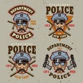 Police department set of vintage emblems, labels, badges or logos with policeman in hat. Vector illustration in colorful Royalty Free Stock Photo