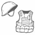 Doodle body armor and army helmet icon sketch in vector isolated on white. Military elements and equipment