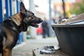 police dog sniffing around a trash bin