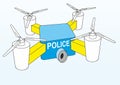 Police drone. Law enforcement drones, police drone use. Drone quadrocopter, image of a flying drone. Vector illustration.
