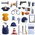Police equipment icons set, cartoon style