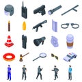 Police equipment icons set, isometric style