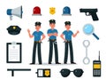 Police equipment. Police officer characters in uniform with professional equipments, badge, handcuffs and walkie-talkie