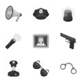 Police equipment, police, prisoners, protection of citizens.Police icon in set collection on monochrome style vector