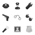 Police equipment, police, prisoners, protection of citizens.Police icon in set collection on monochrome style vector