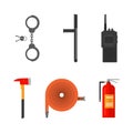 Police and Firefighting Equipment with Handcuffs, Baton, Walkie Talkie, Axe, Hose and Fire Extinguisher Vector Set