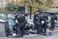 Police forces and members of special forces of riot police in uniforms and road blocks