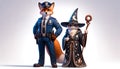 Police fox and a Whimsical cat dressed as a wizard AI generated