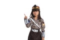 Police girl wearing a uniform with one hand pointing fingers up Royalty Free Stock Photo