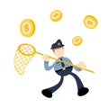 police officer man catch gold coin money dollar cartoon doodle flat design vector illustration