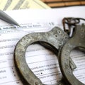 Police handcuffs lie on the tax form 1040. The concept of proble