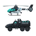 Police Helicopter and Car or Patrol Car as Air and Ground Vehicle for Transportation Vector Set Royalty Free Stock Photo