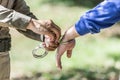 Police helped to catch the guilty and lock the handcuffs,arrested Royalty Free Stock Photo