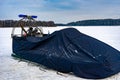 Police hovercraft or air-cushion vehicle or ACV under tent, police flashers on a snowmobile close up, police all-terrain Royalty Free Stock Photo