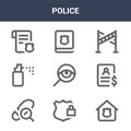 9 police icons pack. trendy police icons on white background. thin outline line icons such as police, wanted, law book . icon set Royalty Free Stock Photo