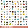 100 police icons set, flat style Royalty Free Stock Photo