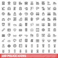 100 police icons set, outline style