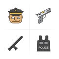 Police items and tools color icons set.