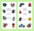 Police justice symbol icons vertical banner vector illustration. Collection of on-duty policemen signs, symbols of