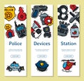 Police justice symbol icons vertical banner vector illustration. Collection of on-duty policemen signs, symbols of