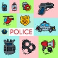 Police and justness symbol icons banner vector illustration. Collection of on-duty policemen signs, symbols of policing