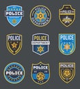 Police labels. Policeman law enforcement badges. Sheriff, marshal and ranger logo, police star medallions, security