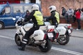 Police, law enforcement and men on motorcycle in street with transport, public servant and security in the city. Safety Royalty Free Stock Photo