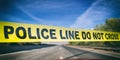 Police line. Warning yellow tape, text do not cross, blur highway road background. 3d illustration Royalty Free Stock Photo