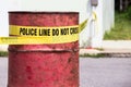 police line do no cross with red barrel to protection crime scene Royalty Free Stock Photo