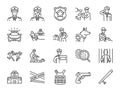 Police line icon set. Included the icons as cop, weapon, suspects, arrest, justice and more.