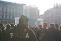 Police man on guard. Arsenal soccer fans. Royalty Free Stock Photo