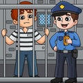 Police Man and Prisoner Colored Cartoon